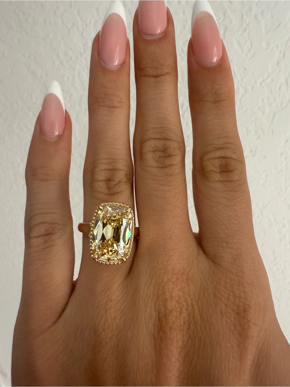 6.30 fancy yellow VVS2 antique cut cushion with pave tulip Engagement ring